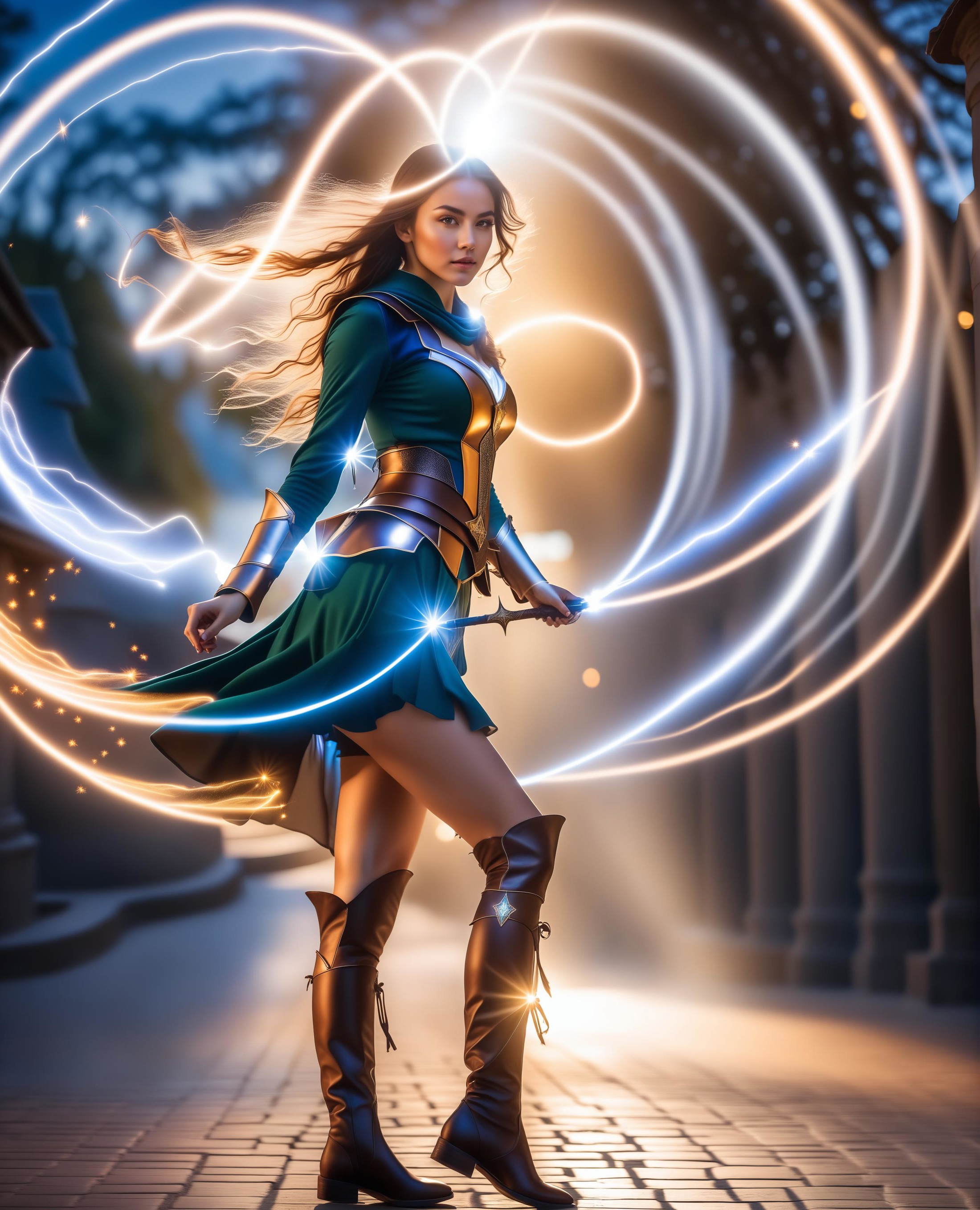 Long exposure photo of a young woman, ((wizard outfit)), epic scene, dynamic camera, backlight, (close up:1.2), high quali...